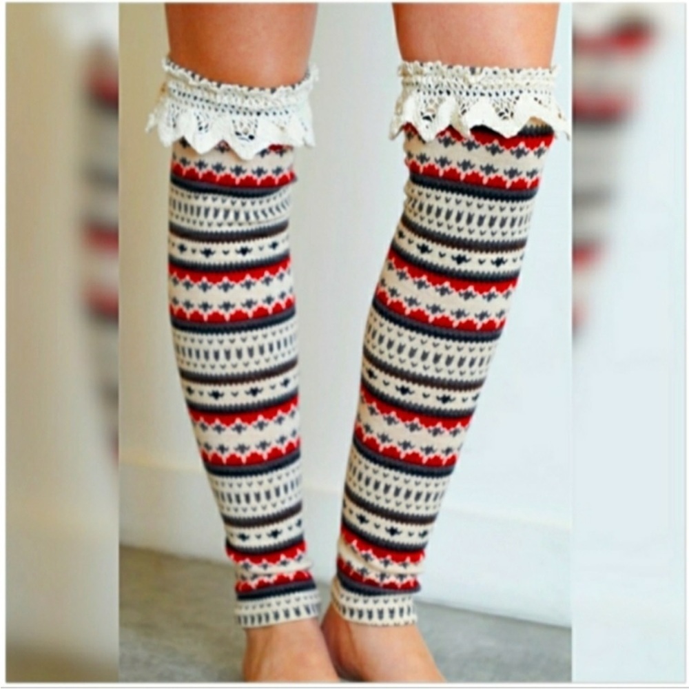 A'reve Lace Trimmed Leg Warmers Sz M/L Christmas Colors Holidays